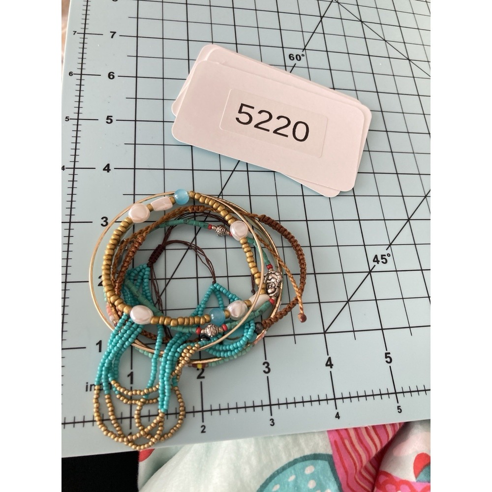 Mixed Bohemian Bracelets Set Of 5 Teal Blue Beaded Bangle Cord Stacking Layering - Picture 2 of 7